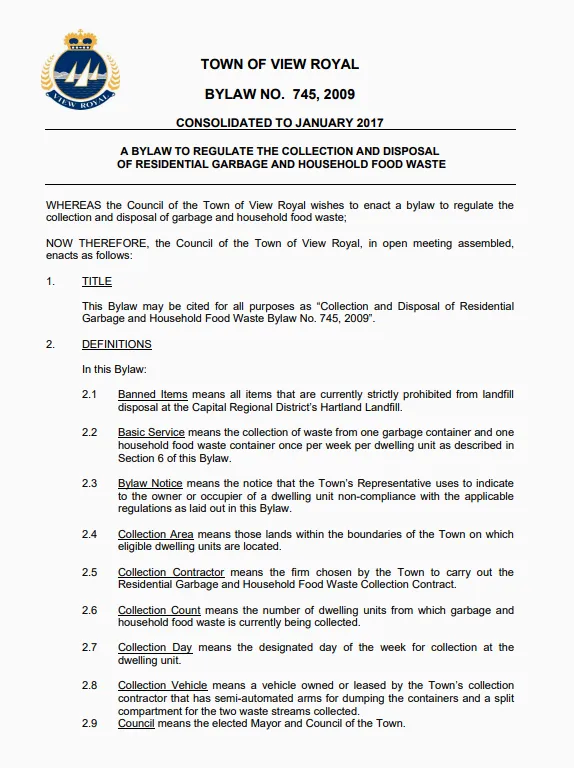 Text of View Royal Bylaw No. 745, 2009 regarding garbage collection