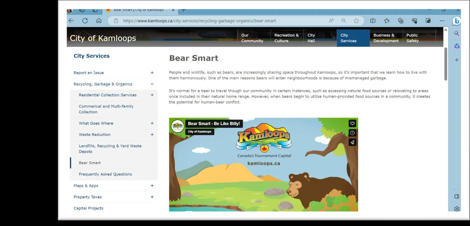 Screenshot of the City of Kamloops website "Bear Smart" page