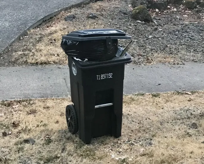 A black garbage bin on a street with a bag hanging out