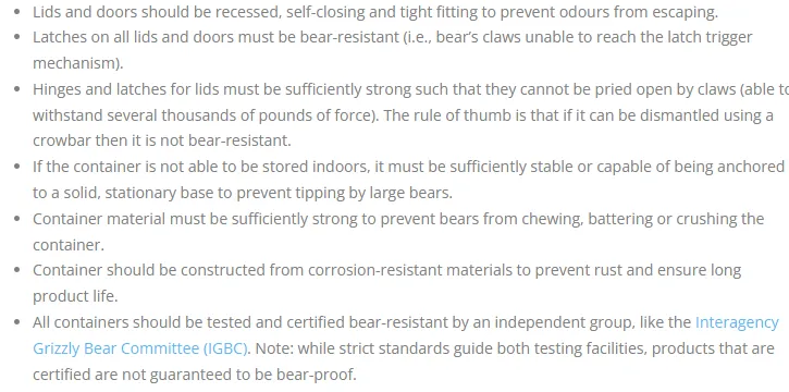 List of bear-resistant container requirements from Bear Smart BC