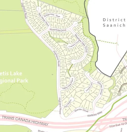 Map showing locations of parks and bus stop in View Royal