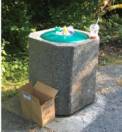 A green metal bear-proof garbage bin on a gravel pad in a wooded area