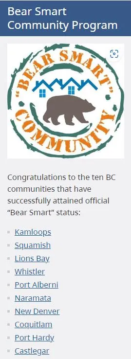A list of ten BC communities that have attained official "Bear Smart" status