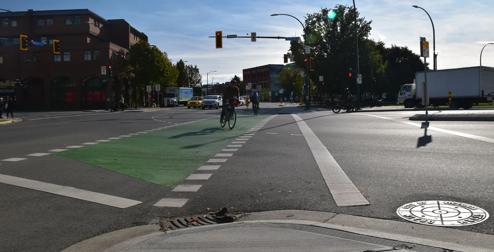City intersection with marked bike lanes