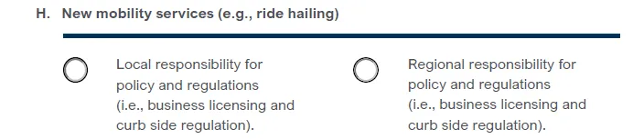 Question 1H regarding New mobility services (e.g., ride hailing), asking to choose between local vs. regional responsibility for policy and regulations.