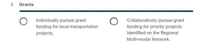 Question 1I regarding Grants, asking to choose between individually vs. collaboratively pursuing grant funding.