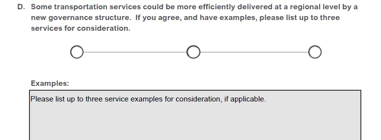 Question 2D asking if some services could be more efficiently delivered at a regional level and requesting examples.