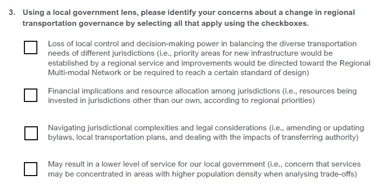 Question 3 asking to identify concerns about a change in regional transportation governance, including options for loss of local control, financial implications, jurisdictional complexities, and lower level of service.