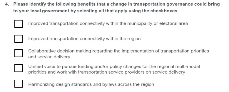 Question 4 asking to identify benefits that a change in governance could bring, including improved connectivity, collaborative decision making, a unified voice, and harmonizing design standards.