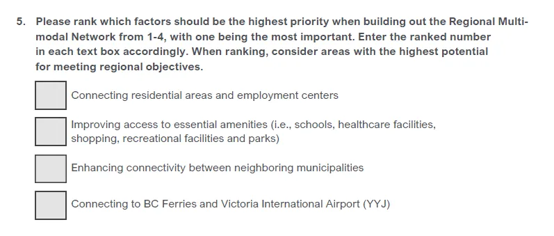 Question 5 asking to rank factors (1-4) that should be the highest priority when building out the Regional Multi-modal Network.