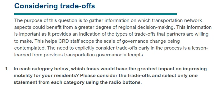 Question 1A regarding Funding, asking to choose between prioritizing investments in local transportation projects and infrastructure improvements vs. prioritizing regional ones.