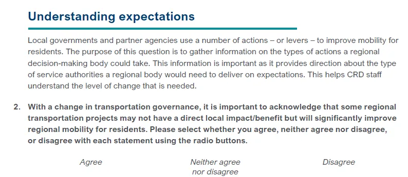 Section intro titled "Understanding expectations" and Question 2A statement: "A new governance structure should strike a balance between regional and local priorities."