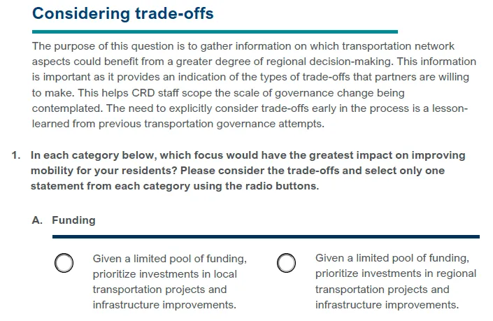Questionnaire introduction titled "Considering trade-offs" explaining the purpose of gathering information on regional decision-making and trade-offs.