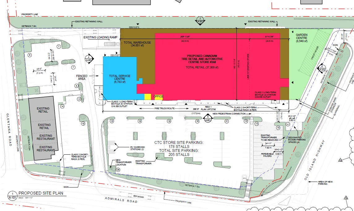 Proposed site plan for 1517 Admirals Road detailing building footprint, loading zones, and parking stall layout