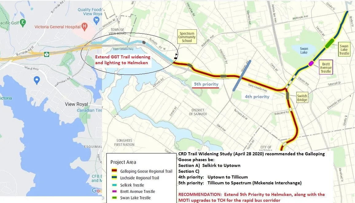Map showing the Galloping Goose Regional Trail widening project areas, priorities, and proposed extension to Helmcken.