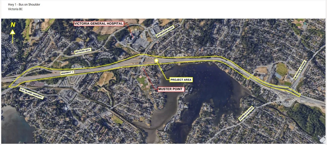 Aerial map of Victoria, BC, showing a segment of Highway 1 highlighted in yellow. Labels on the map identify Victoria General Hospital, Watkiss Way, Helmcken Road, Highway 1, Old Island Highway, Project Area, Muster Point, Admirals Road, and McKenzie Avenue.