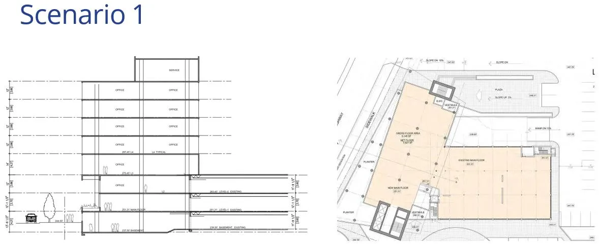 Architectural elevation and floor plan diagrams for Scenario 1