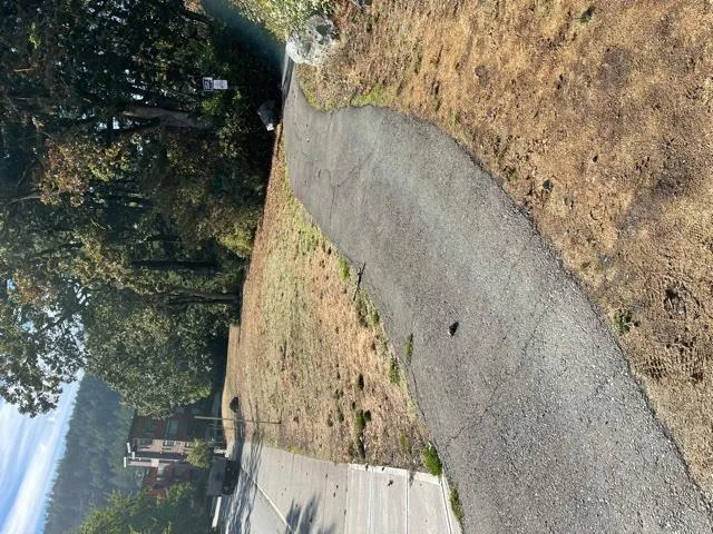 Paved pathway curving through a dry grassy area toward a wooded section