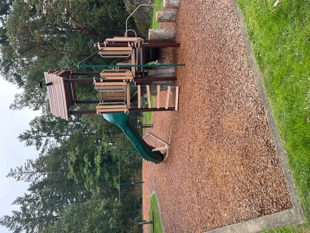 A playground structure with a slide and climbing features on a wood chip surface