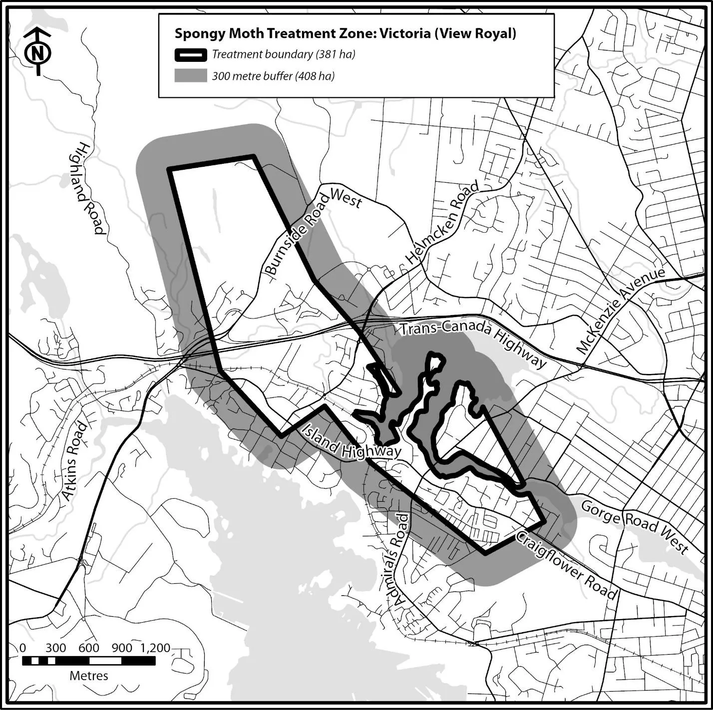 Map of the 2023 Spongy Moth Treatment Zone for Victoria (View Royal) showing the treatment boundary (381 ha) and a 300 metre buffer (408 ha) relative to the Trans-Canada Highway, Island Highway, Burnside Road, and surrounding streets.