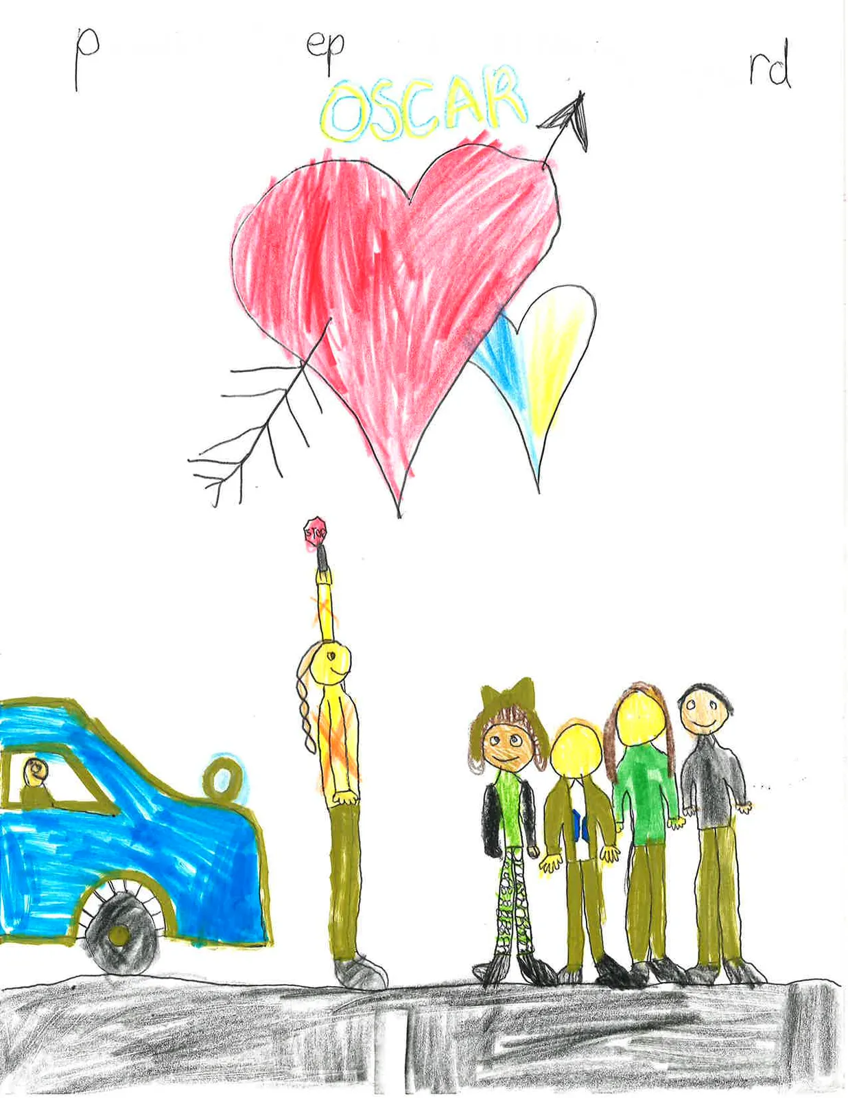 Child's drawing by Oscar (Grade 2) featuring hearts, a crossing guard holding a stop sign, and children next to a blue car, with the text "please Keep our crossing guard OSCAR"