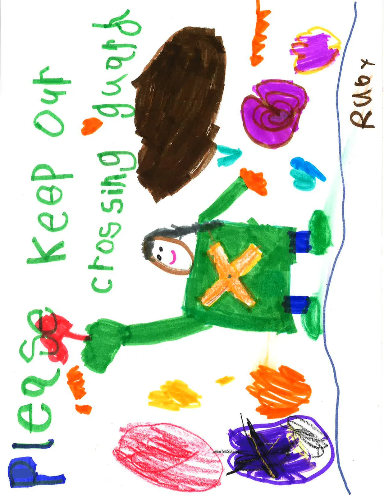 Child's drawing by Ruby (Kindergarten) showing a crossing guard in a green vest with an orange X, with the text "Please Keep Our crossing guard Ruby"
