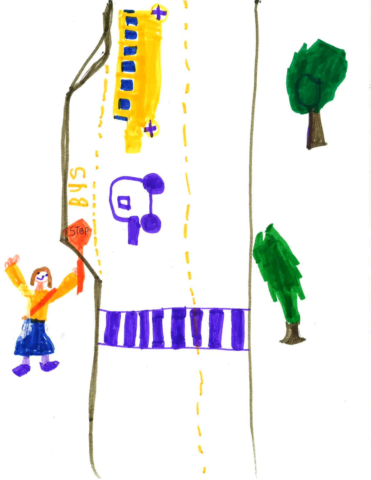 Child's drawing by Noah (Grade 1) showing an overhead view of a road with a yellow school bus, purple car, crosswalk, and a crossing guard holding a stop sign