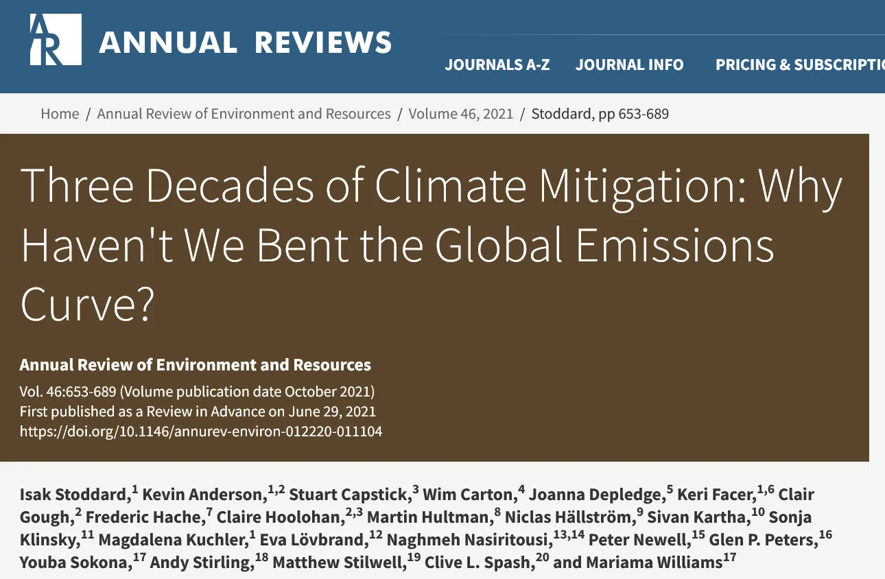 Abstract snippet for the article "Three Decades of Climate Mitigation: Why Haven't We Bent the Global Emissions Curve?" published in the Annual Review of Environment and Resources, Vol. 46, October 2021, by Isak Stoddard, Kevin Anderson, and others.