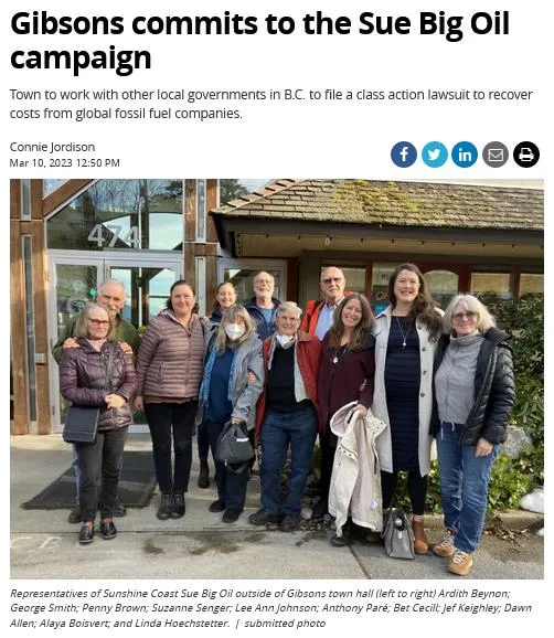 Group photo of representatives from Sunshine Coast Sue Big Oil standing outside Gibsons town hall.