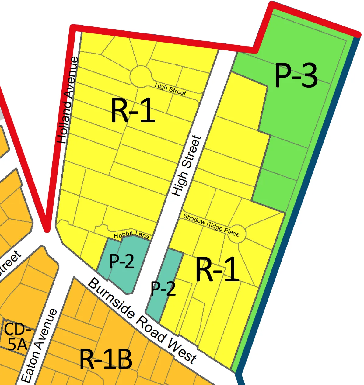 Zoning map segment showing R-1, P-2, P-3, and R-1B districts in the vicinity of High Street and Burnside Road West