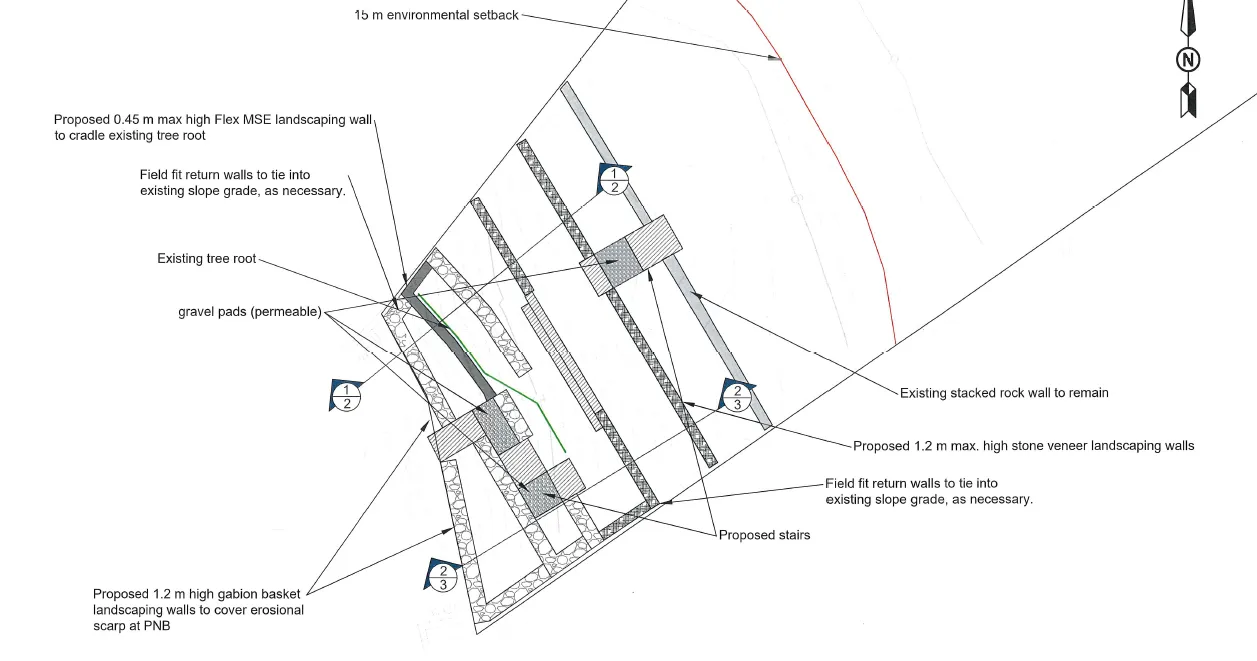 Proposed Retaining Wall Site Plan showing wall locations, stairs, and the 15m environmental setback line