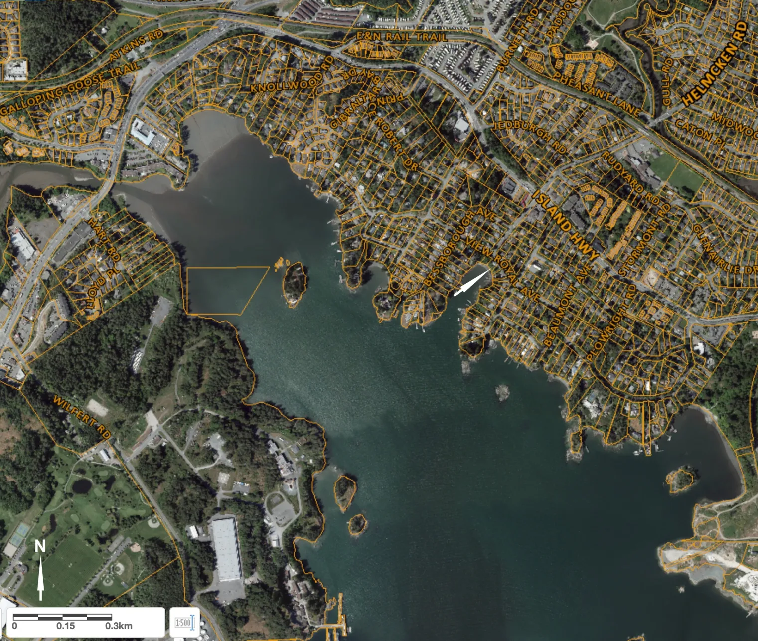 Figure 1. Project site at 297 View Royal Ave within Limekiln Cove, in Esquimalt Harbour, Victoria, BC. Aerial photo courtesy of CRD Regional Map.
