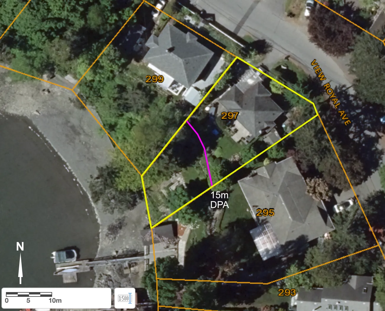 Figure 2. Project site, 297 View Royal Ave and approximate Natural Watercourse and Shoreline Areas DPA (pink line). Aerial photo courtesy of CRD Regional Map.