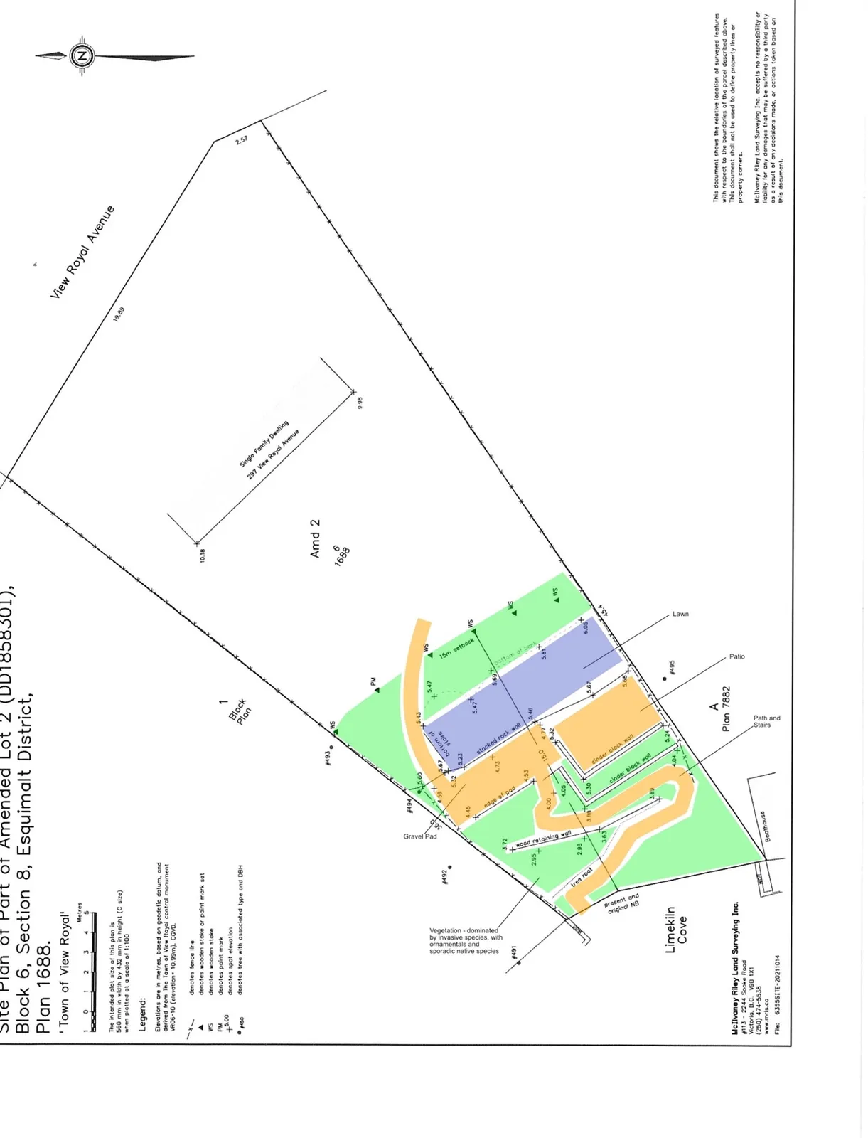Figure 3. 297 View Royal Ave, survey of existing conditions. Mark up by Swell, Plan provided by McIlvaney Riley Land Surveying Inc.