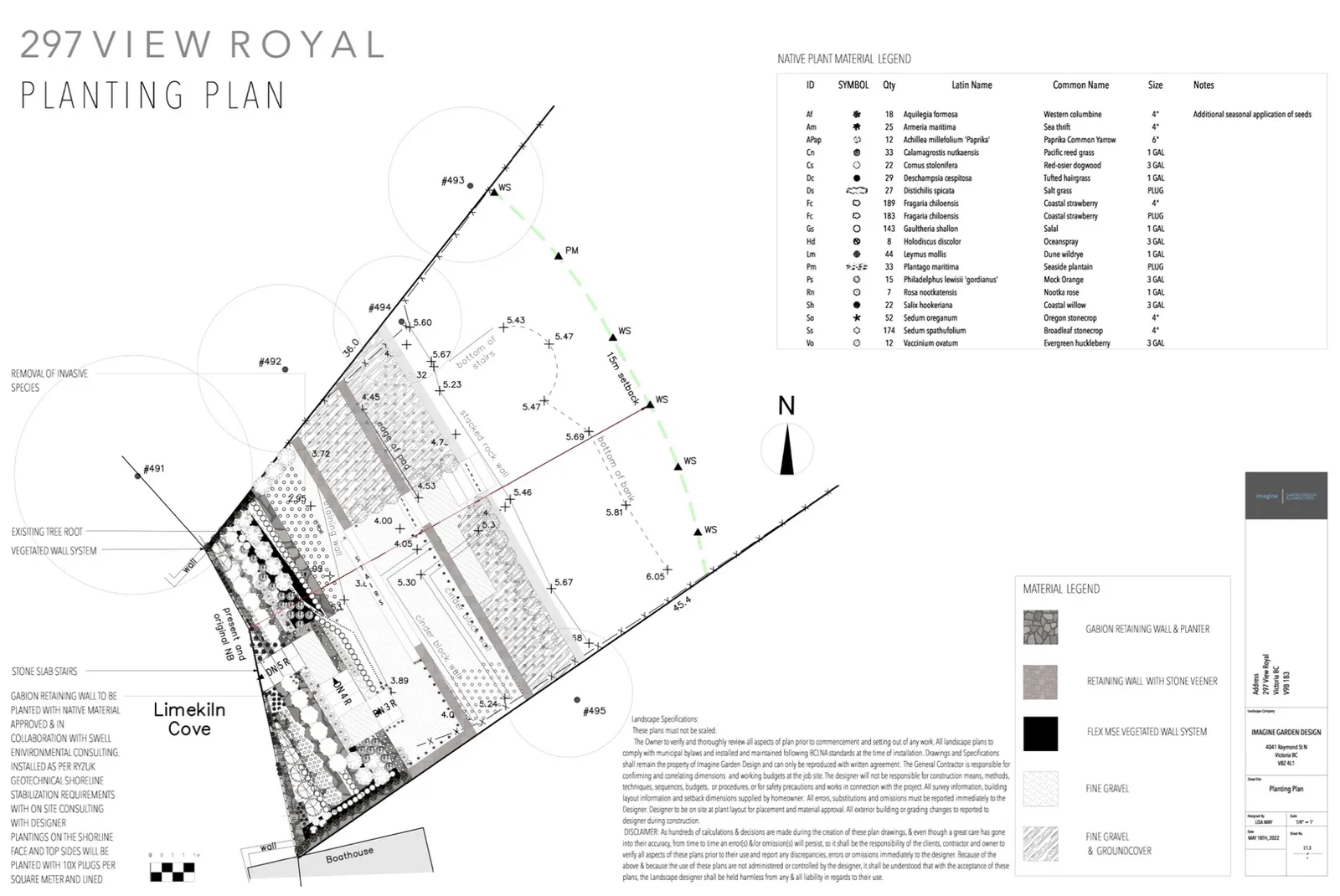 Figure 5. 297 View Royal Ave, Landscape Plan Page 2 - proposed shoreline vegetated gabions, retaining walls, and landscaping plan – pathway, stairs, and invasive species removal, and native plantings. Plan provided by Imagine Designs.