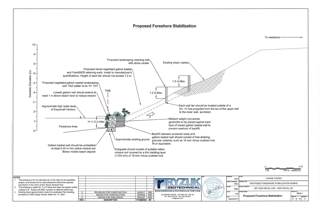 Figure 6. 297 View Royal Ave, proposed shoreline stabilization works - vegetated gabions. Provided by Ryzuk Geotechnical.