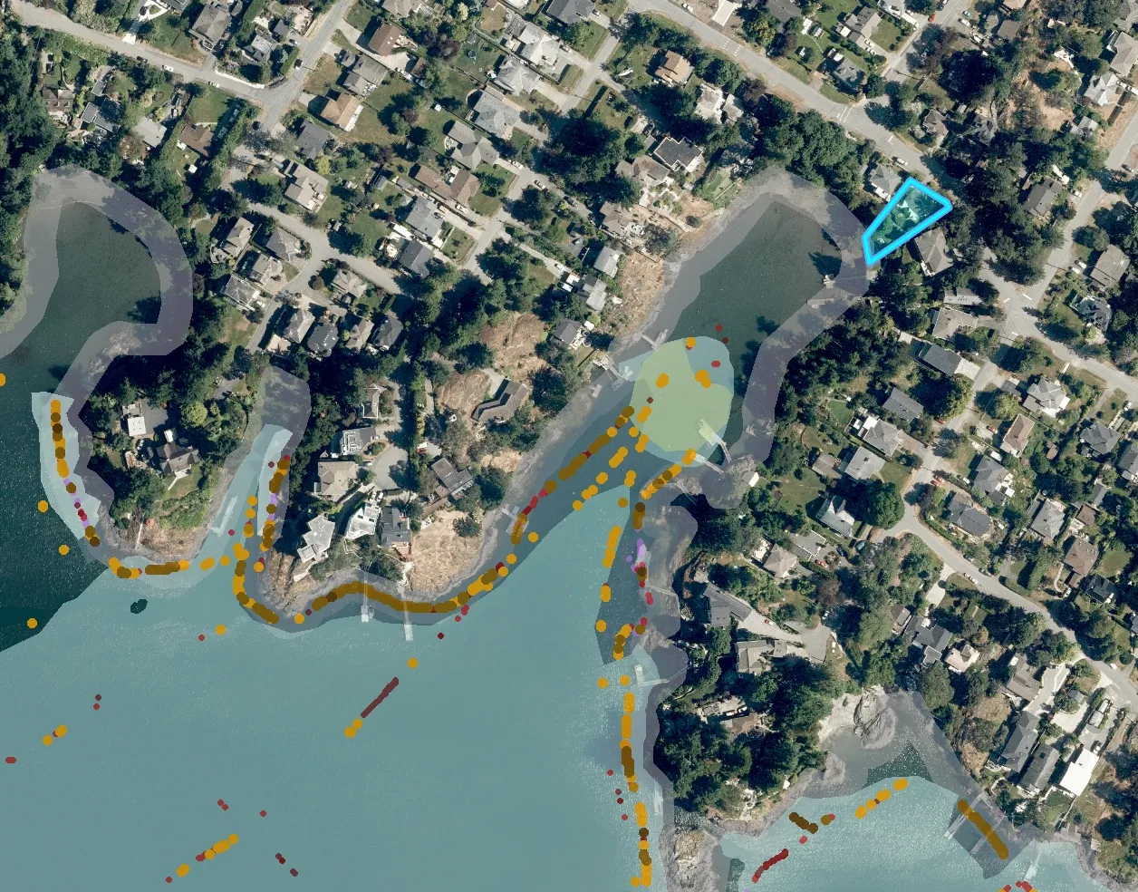 Figure 7. CRD Harbours Atlas – Marine survey area adjacent to 297 View Royal Ave (blue outline). Survey data is from 2020. Aerial map courtesy of the CRD Harbours Atlas
