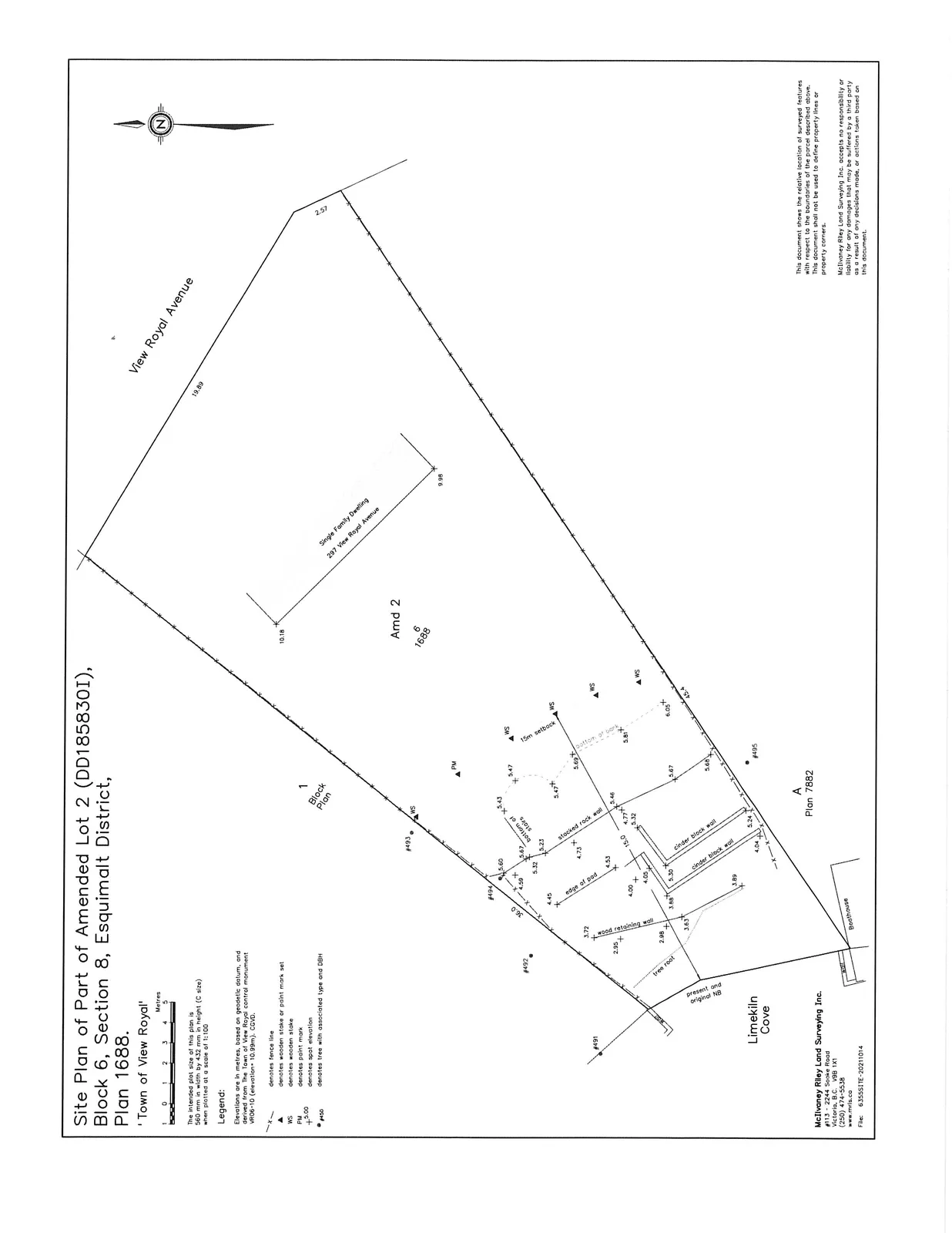 Site Plan of Part of Amended Lot 2 (DD185830I), Block 6, Section 8, Esquimalt District, Plan 1688, showing property boundaries, elevations, and existing features like the dwelling, retaining walls, and shoreline.