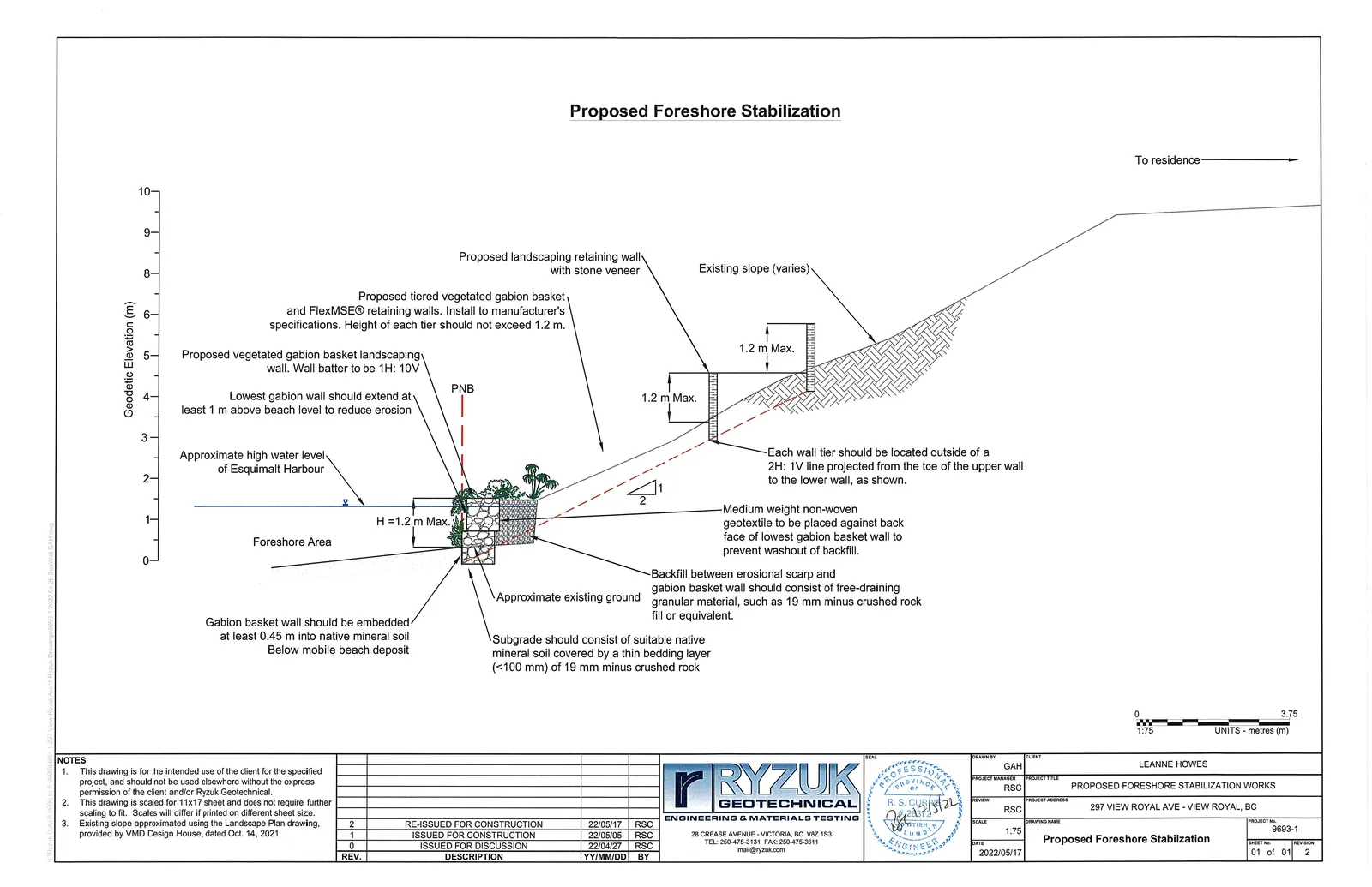 Technical cross-section diagram of the Proposed Foreshore Stabilization, illustrating the design for tiered gabion baskets, landscaping walls, and soil subgrade requirements.