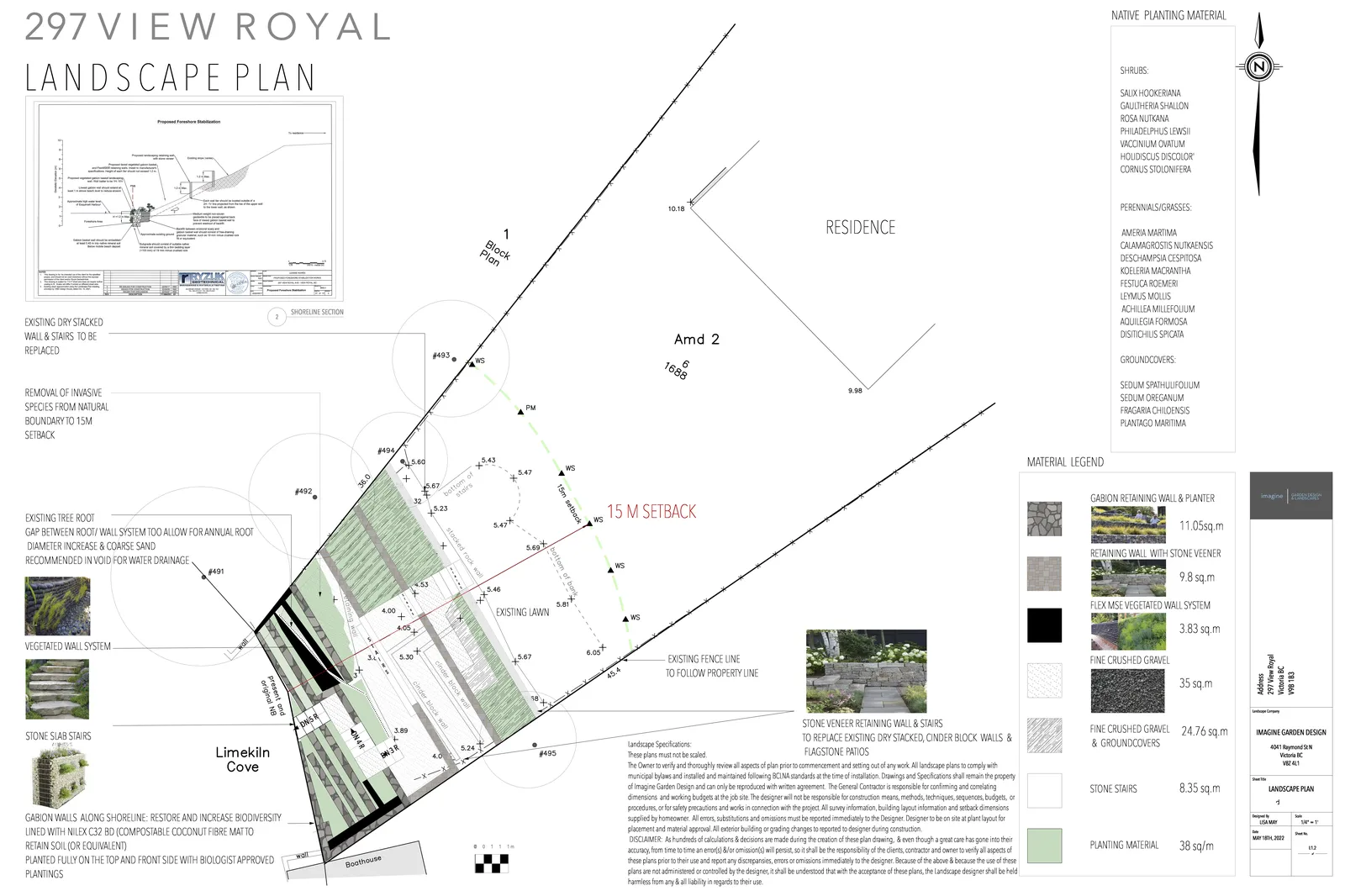Landscape Plan overview showing the property layout, Shoreline Section diagram, and material legend