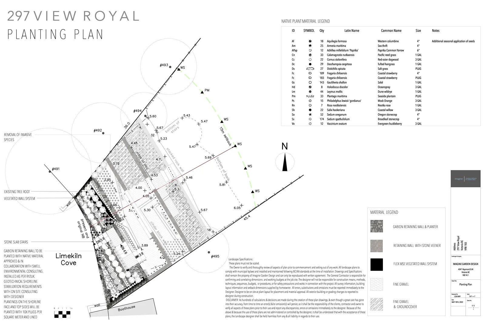 Planting Plan diagram with plant location callouts and material legend