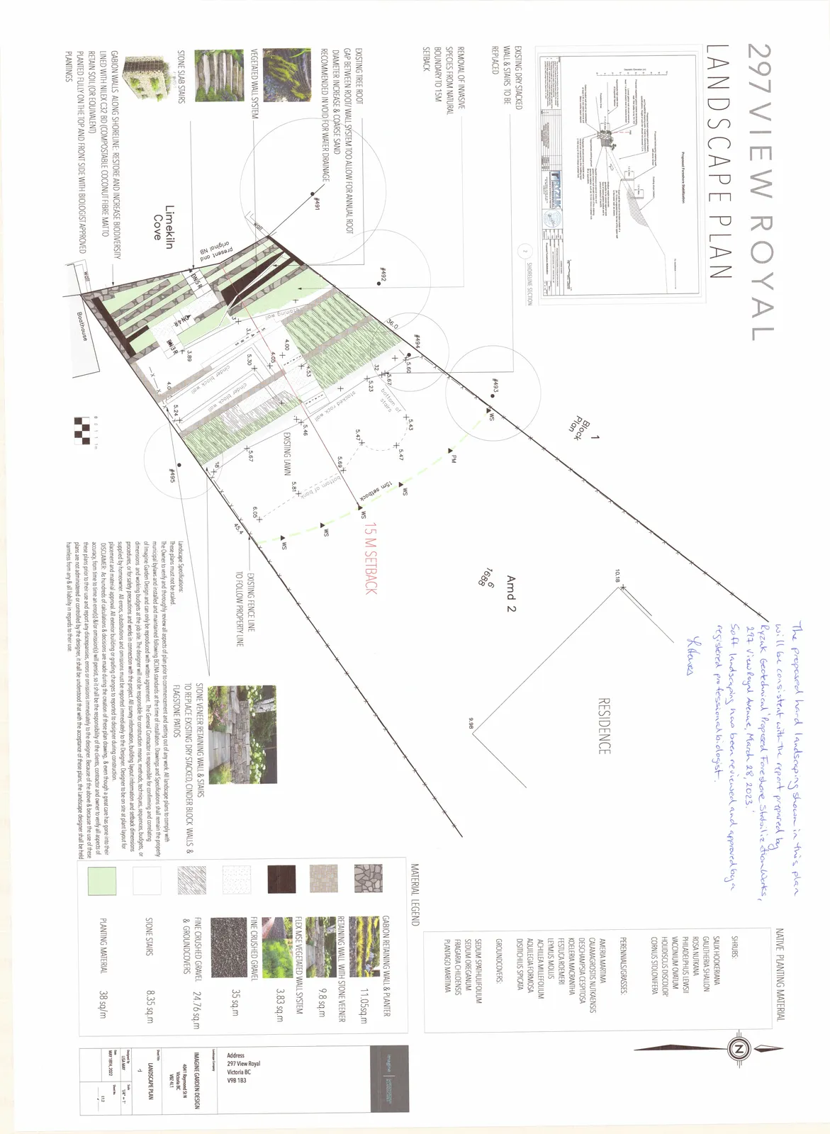 Comprehensive landscape plan map for 297 View Royal showing the property from the residence to the shoreline at Limekiln Cove