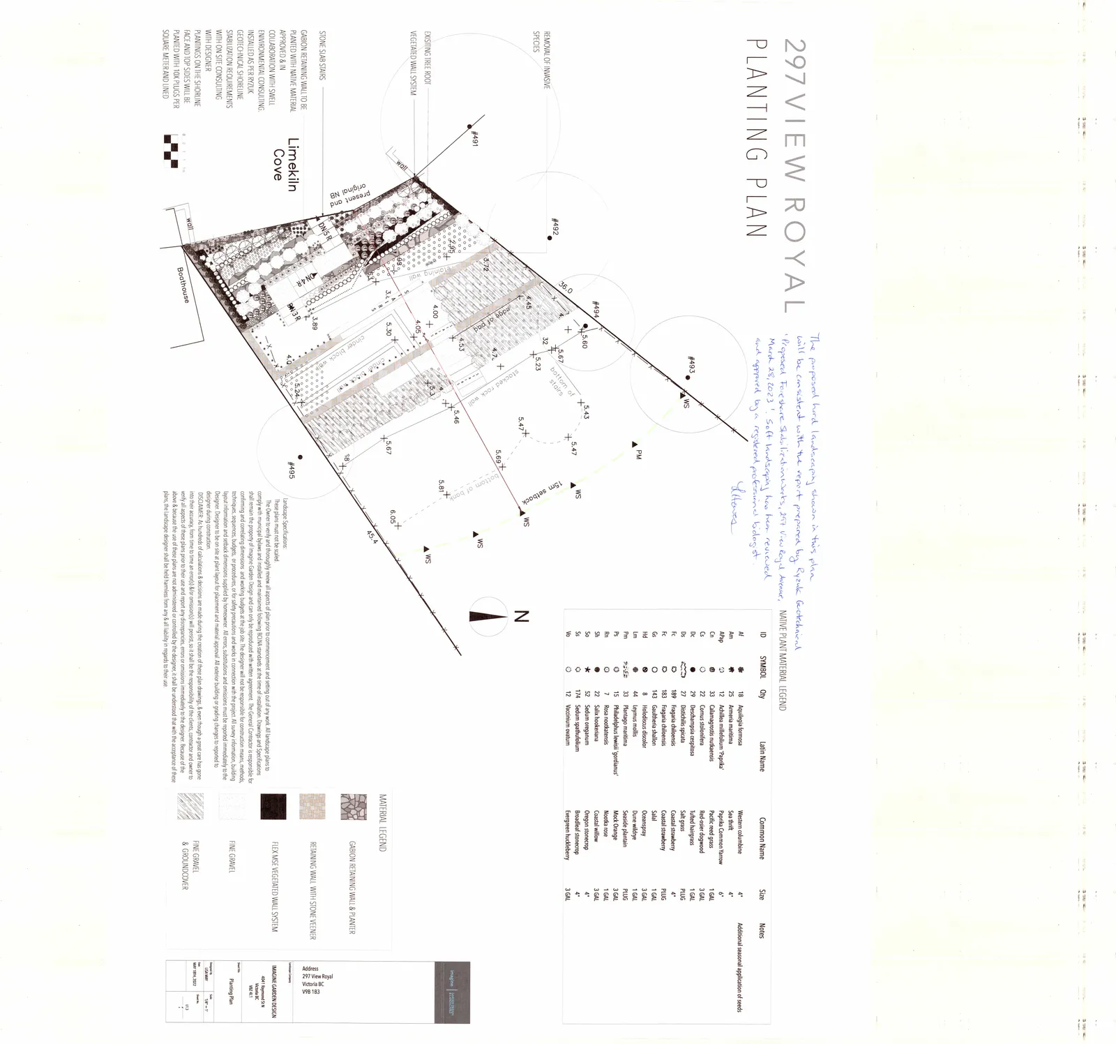 Detailed planting plan map for 297 View Royal showing specific plant placements with identification codes