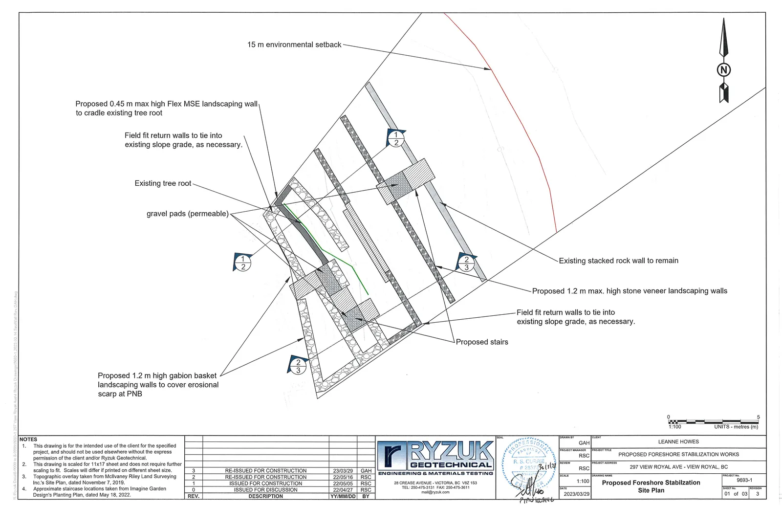 Engineering drawing of the Proposed Foreshore Stabilization Site Plan for 297 View Royal Ave, showing landscaping walls, gravel pads, stairs, and environmental setbacks.