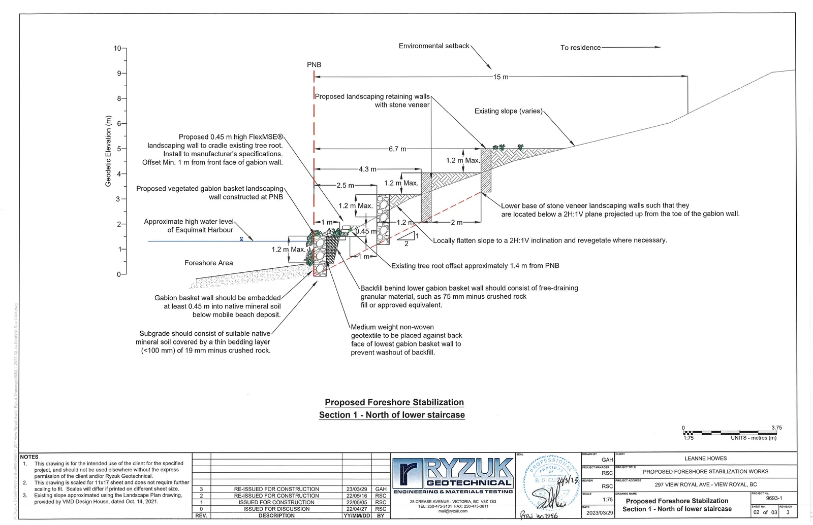 Engineering cross-section diagram showing the proposed foreshore stabilization north of the lower staircase, including geodetic elevation, property boundaries, gabion baskets, and landscaping retaining walls.