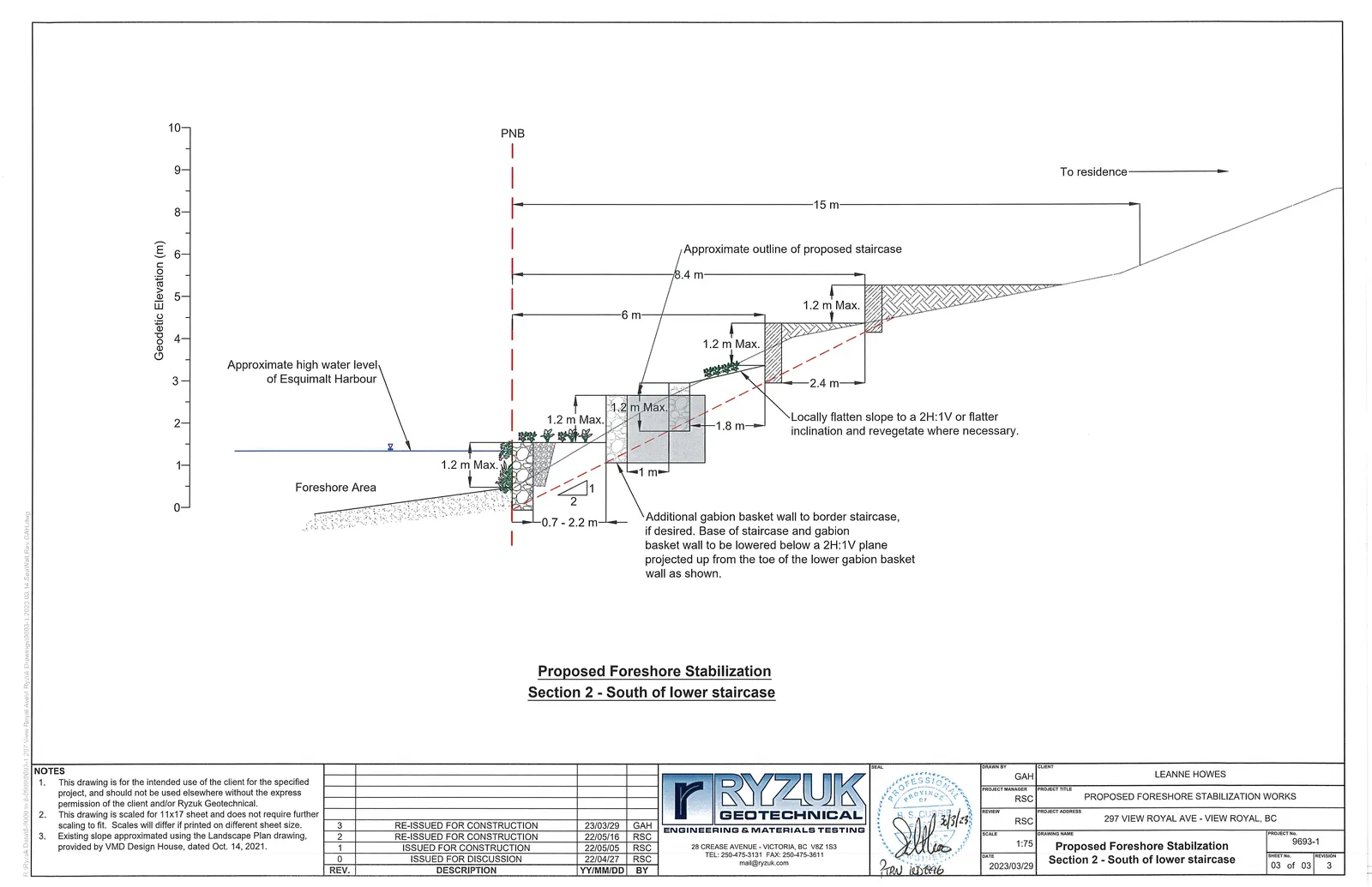 Technical cross-section diagram of proposed foreshore stabilization works, showing geodetic elevations, high water level of Esquimalt Harbour, and details for gabion baskets and a proposed staircase.