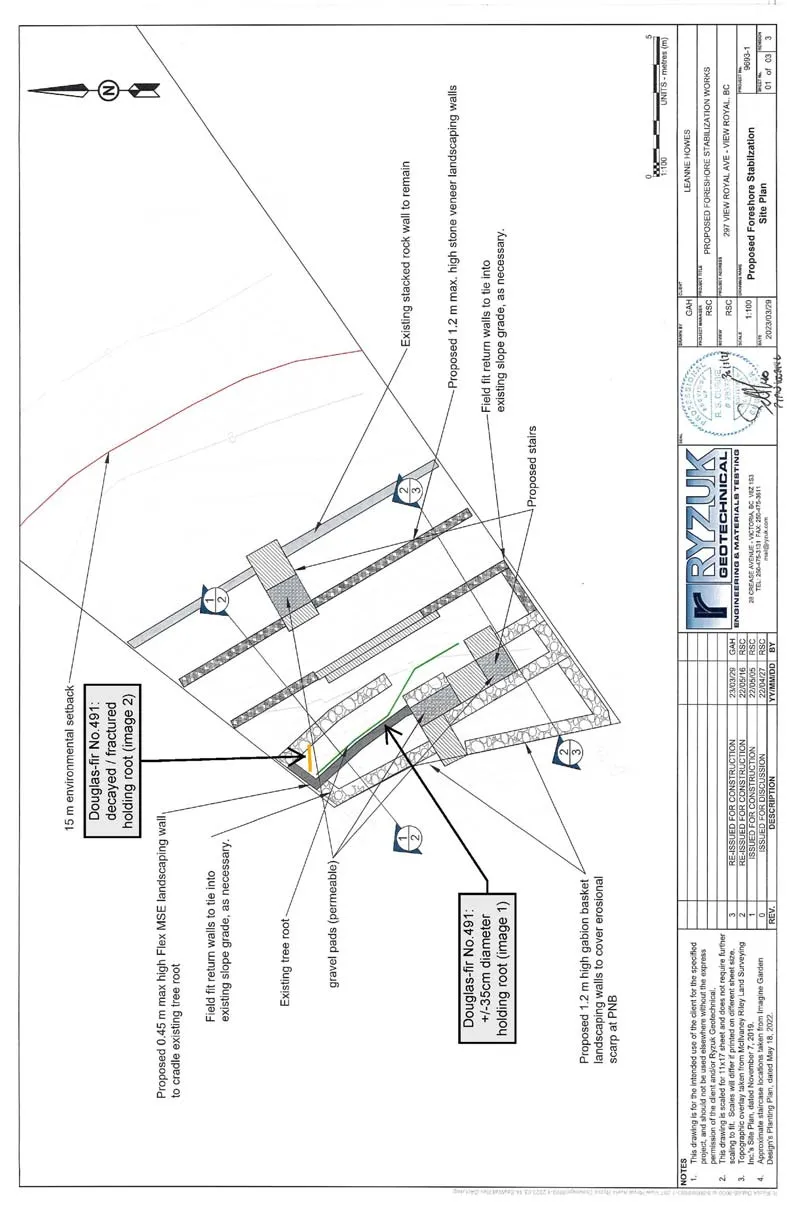 Engineering site plan by Ryzuk Geotechnical for proposed foreshore stabilization works at 297 View Royal Ave, showing landscaping walls, gabion baskets, and specific Douglas-fir tree root details.