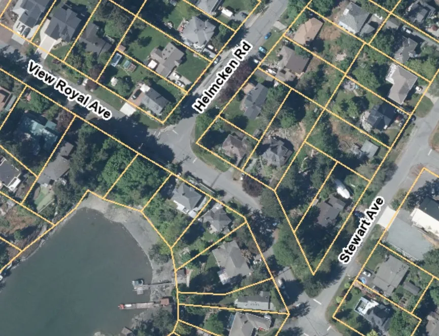 Aerial map highlighting the property boundaries of 297 View Royal Avenue at the corner of View Royal Avenue and Helmcken Road