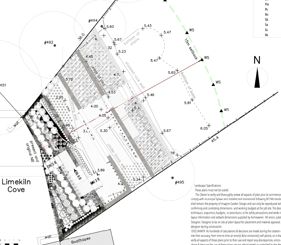 Detailed proposed landscaping plan showing tiered walls, pathways, and the boathouse area
