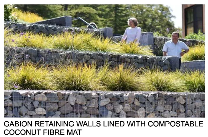 Reference photo of gabion retaining walls lined with compostable coconut fibre mat